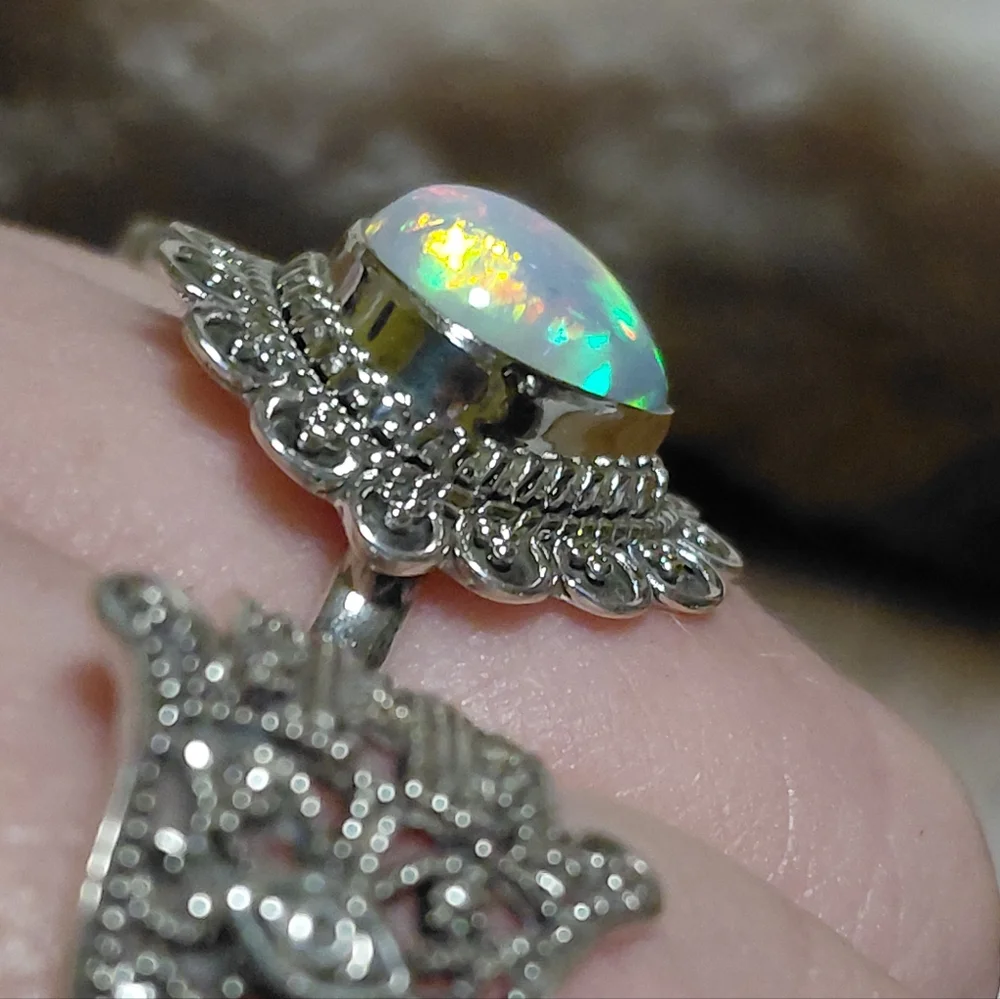 Vintage Style Ethiopian Opal Silver Ring Size 8.25